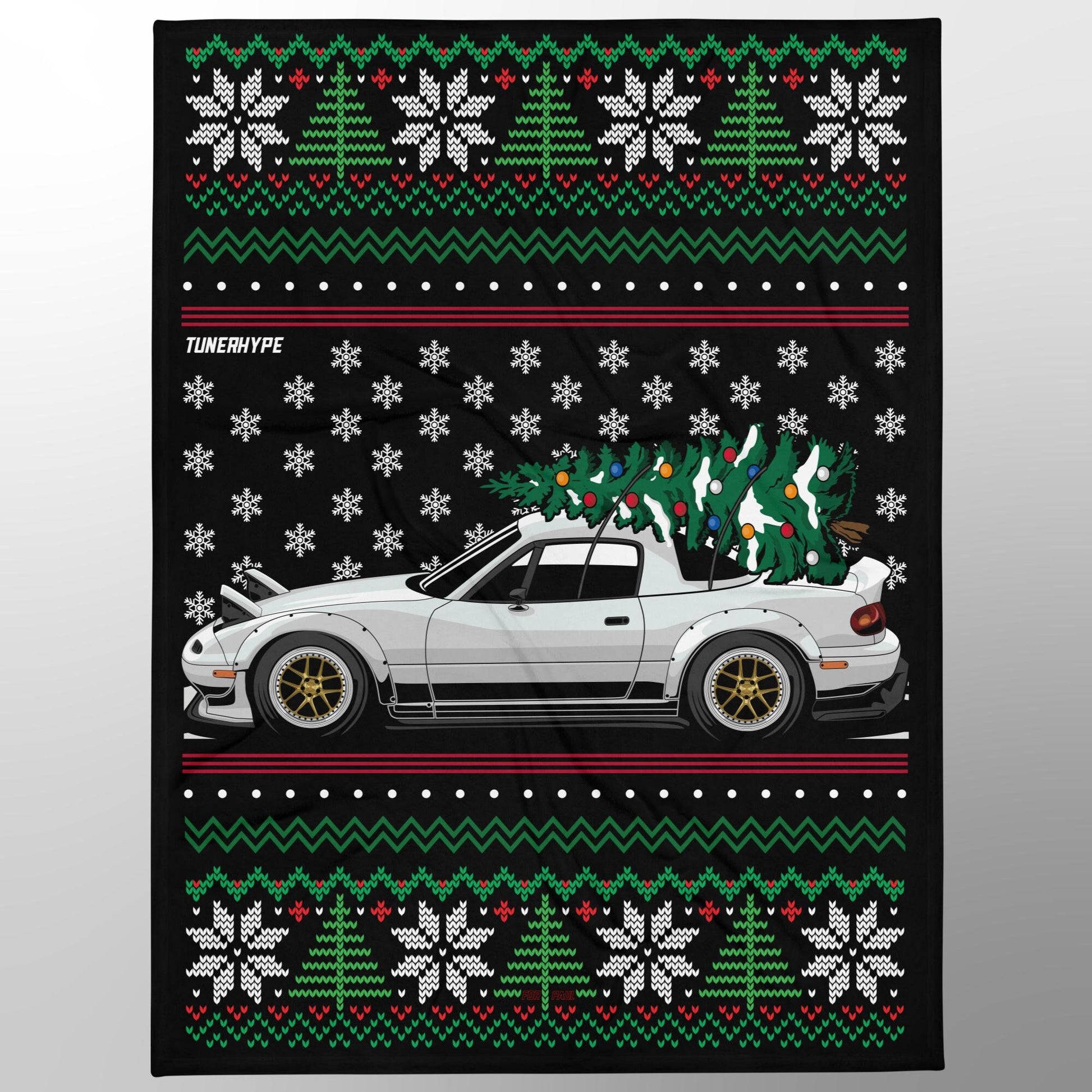 Ugly Christmas Blanket - Mazda Miata in White - Ugly Xmas Sweater, Car Guy Holiday Gift, Funny Christmas Gift, Ugly Christmas