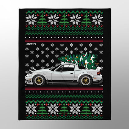 Ugly Christmas Blanket - Mazda Miata in White - Ugly Xmas Sweater, Car Guy Holiday Gift, Funny Christmas Gift, Ugly Christmas