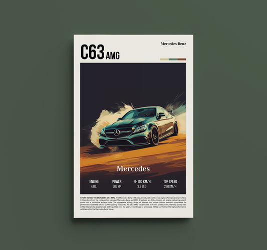 Retro Mercedes C63 AMG Automotive Print - Vintage Car Poster, Performance Enthusiast Decor, Garage Wall Art, JDM Gift